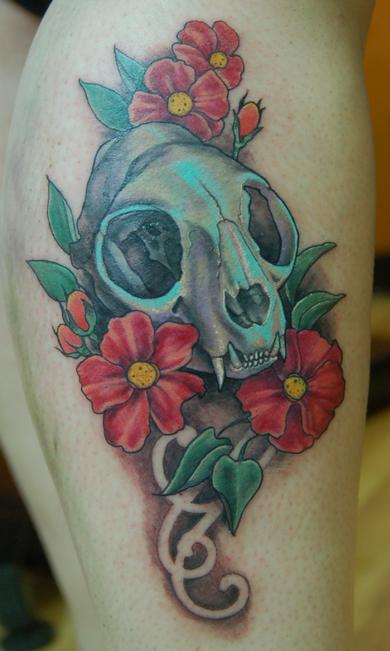 Shawn Hebrank - Cat Skull with Flowers