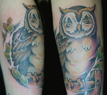 Tattoos - Shawn Hebrank - Owl on  Fencepost.