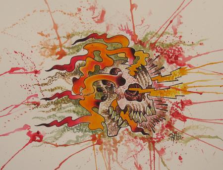 Robert Hendrickson - Skull lightening fire stippling water color painting