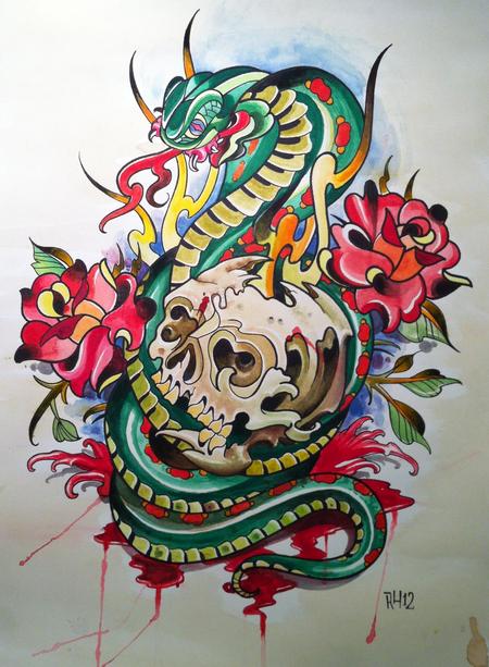 Robert Hendrickson - Cobra and skull water color