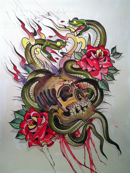 Tattoos - Skull and two snakes water color.  - 71636