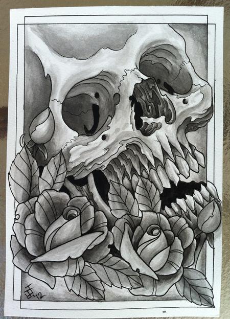 Jeff Johnson - Skull and  Roses Watercolor