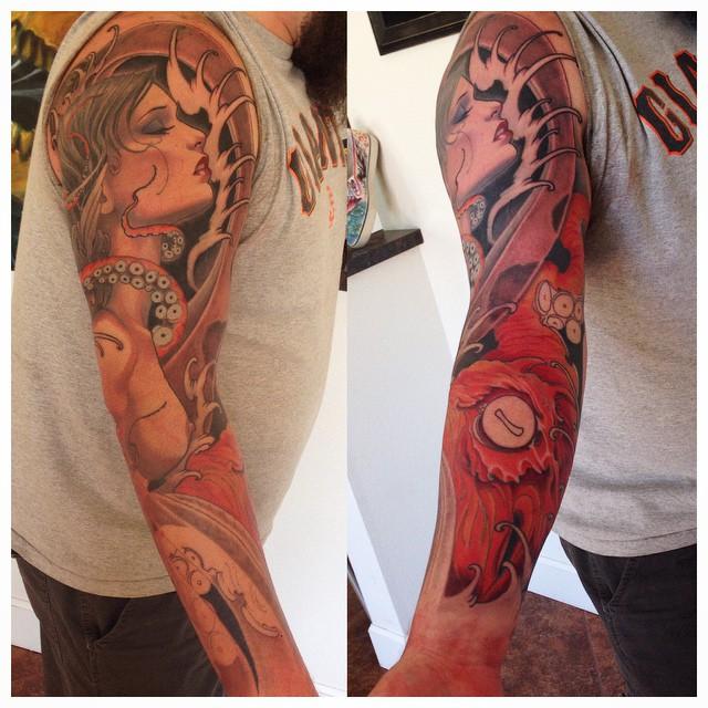 Finished work, squid and floral leg sleeve by Jeff Norton : Tattoos Finished work, squid and floral leg sleeve by Jeff Norton : Tattoos