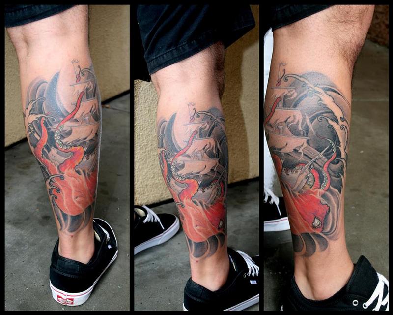 Jeff Norton Tattoos : Tattoos : Original Art : Octopus and ship leg piece