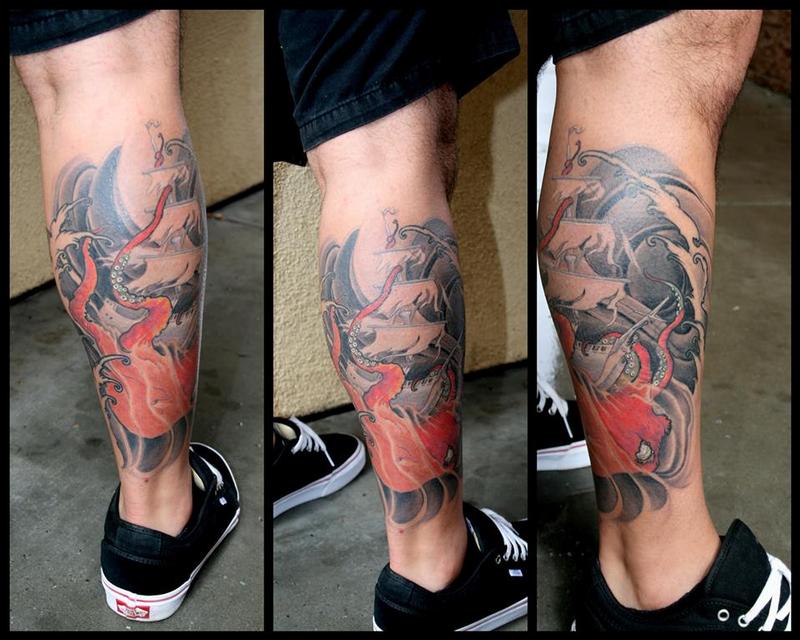 Jeff Norton Tattoos : Tattoos : Original Art : Octopus and ship leg piece Jeff Norton Tattoos : Tattoos : Original Art : Octopus and ship leg piece