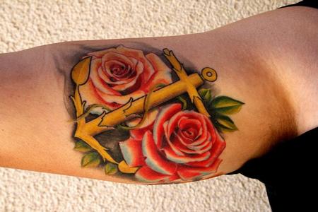 Jeff Norton - Roses and Anchor on inner bicep