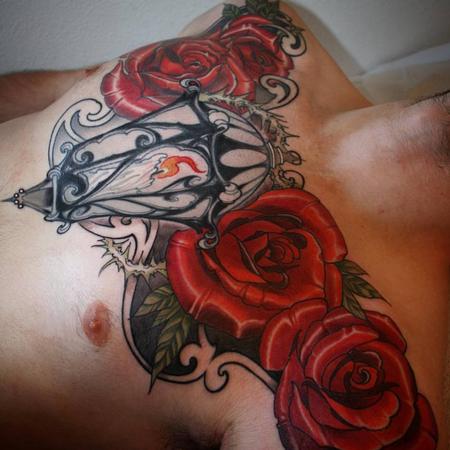 Jeff Norton - Lantern and rose chest piece 