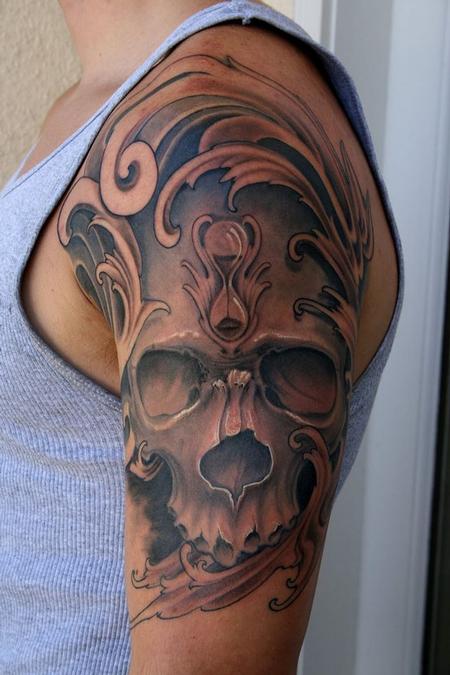 Jeff Norton - black and grey skull and hourglass