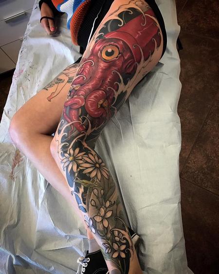 Tattoos - squid and floral leg sleeve IN PROGRESS - 126864