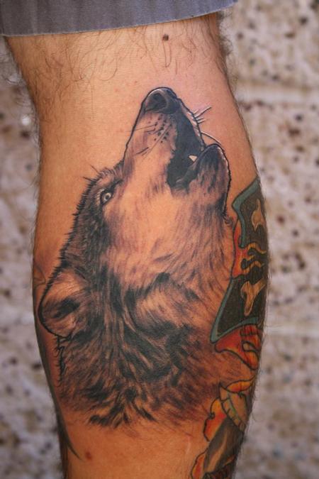 Tattoos - Howling wolf portrait on calf - 76187