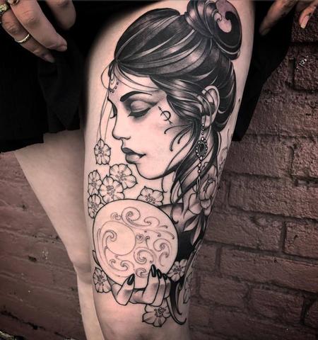 Tattoos - seer fortune teller on thigh - 129142