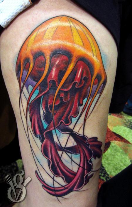 Jelly fish color leg tattoo Detroit motor city 2012