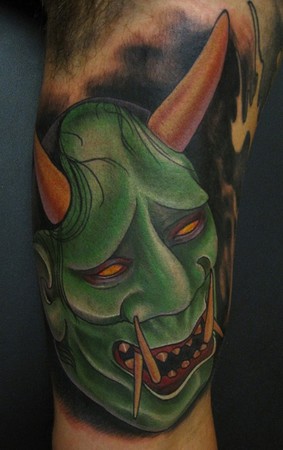 Japanese hannya mask color inner arm tattoo Japanese hannya mask color inner arm tattoo