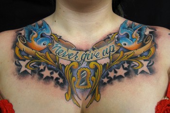 Jon von Glahn - Sparrows with banner chestpiece tattoo