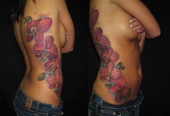 Jon von Glahn - Pink orchids ribcage girl side tattoo