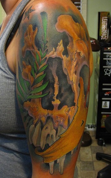 half sleeve tattoo girl. Skull color half sleeve tattoo