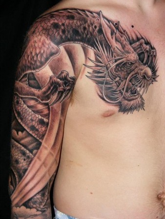 dragon tattoos black and grey. Japanese Half Sleeve Tattoos.