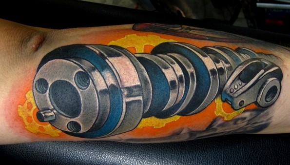 engine tattoos. engine color arm tattoo