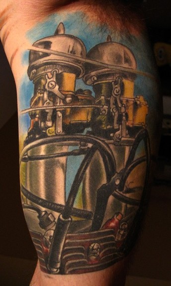 clasic vintage carburetor and intake color arm tattoo