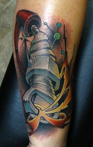 Jon von Glahn Custom spark plug color arm tattoo
