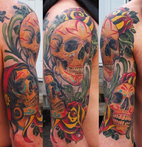  skulls and traditionalish roses and filigree color arm halfsleeve 