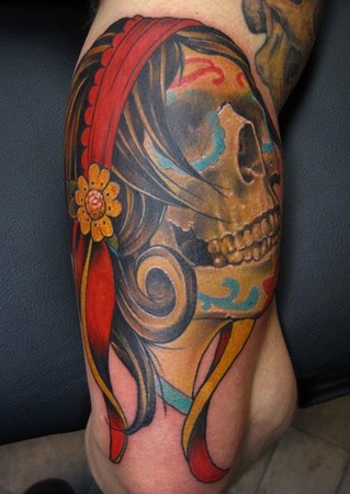 Comments part of a Half real half traditional muertos sleeve tattoo