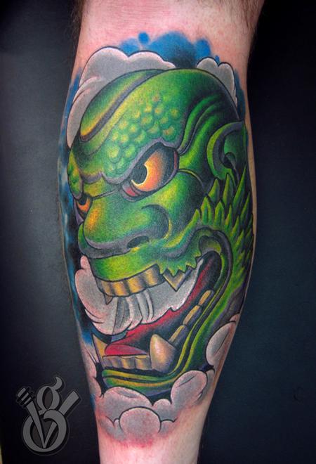 japanese oni hanya noh mask color leg tattoo