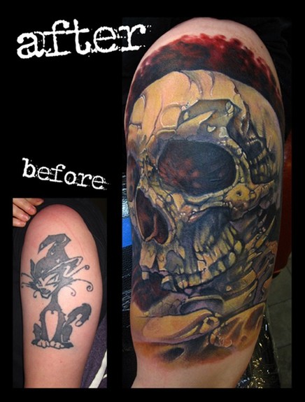 skull tattoos arm. skull cover up arm color