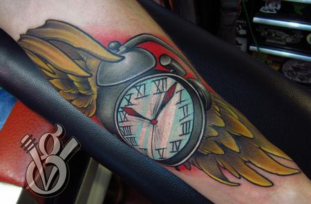 Time flies vintage alarm bell clock wings color arm tattoo