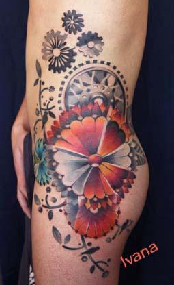 Tattoos - Graphic Flowers with Machine parts and Birds - 72815