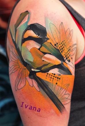 Tattoos - Chickadee Bird with flowers - 76200