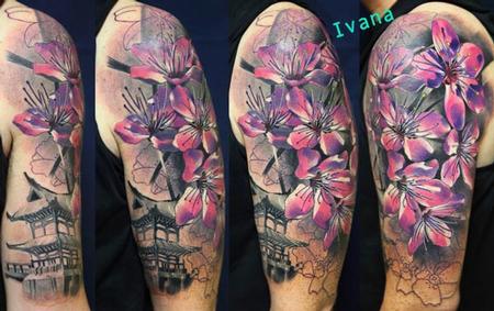 Tattoos - Japanese Temple and Cherry Blossoms - 73017