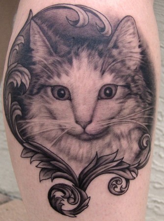 Tattoos - Black and Gray Cat with Filigree
