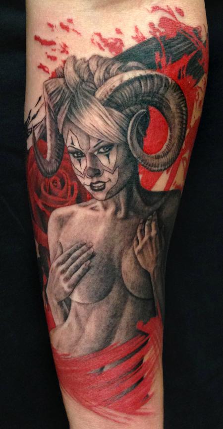 Tattoos - Girl with Ram Horns Tattoo - 97916