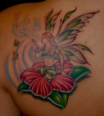 Marvin Silva Fairy and Hibiscus flower tattoo