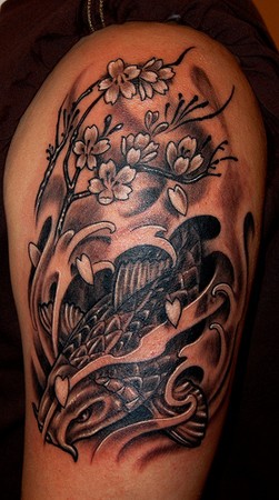 Tattoos - Koi fish and cherry blossoms tattoo - 43478