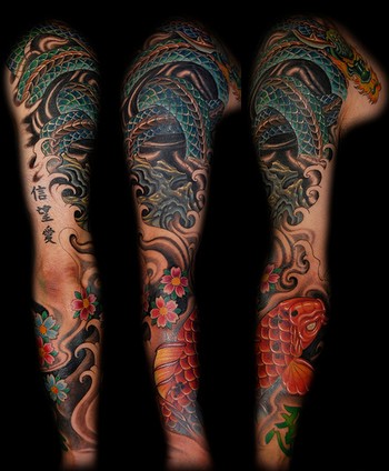 Tattoos Traditional Asian Custom Dragon and Koi Sleeve Tattoo