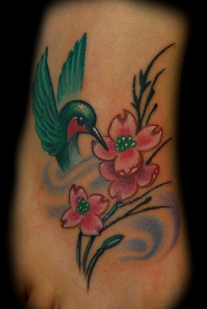 Tattoos - Custom Hummingbird and Dogwood Tattoo - 47225
