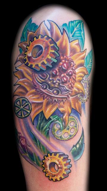 Tattoos - Custom Sunflower and Gears Tattoo - 54535
