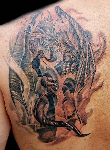Tattoos - Medieval Dragon on Cross Tattoo - 64519