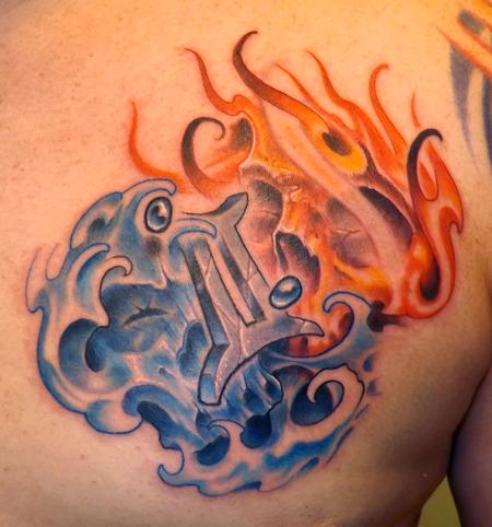 Marvin Silva - Custom Gemini, Skulls, Fire and Water Tattoo