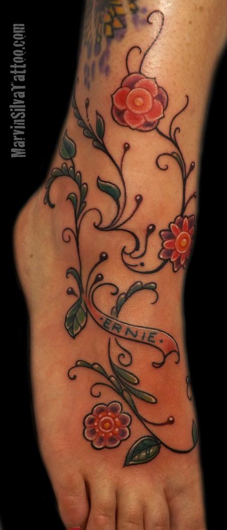 Marvin Silva - Memorial Flowers, Vines, Leaves Tattoo