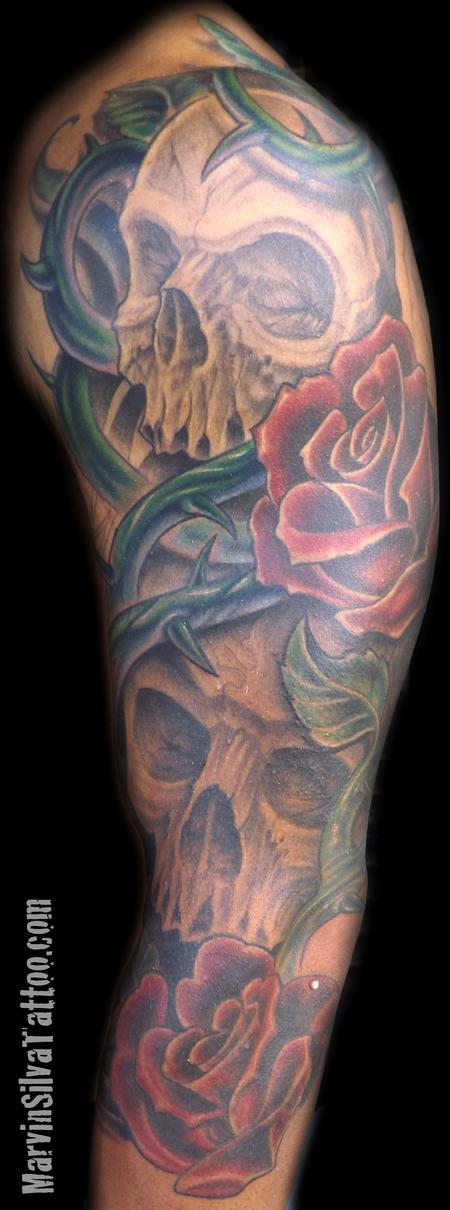Marvin Silva - Skulls Roses and Vines Tattoo