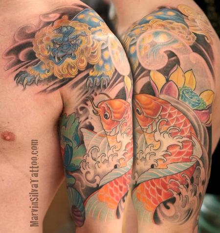 Tattoos - Koi Fish Fu Dog Tattoo - 87599
