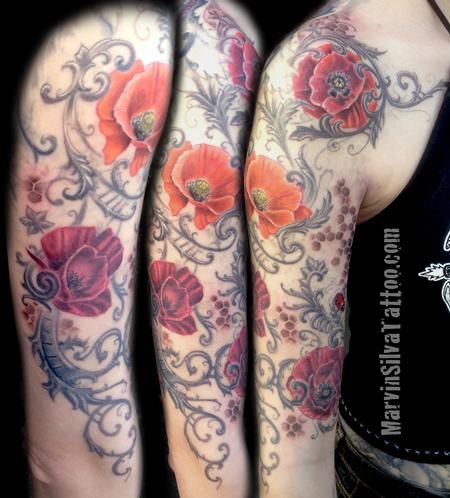 Marvin Silva - Filigree and Poppy Flowers Tattoo