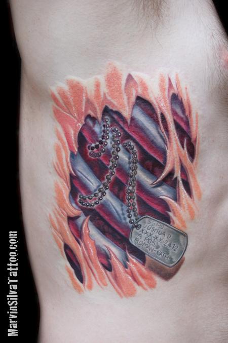 Tattoos - Dog Tag Rib Cage Tear Out Tattoo - 77273