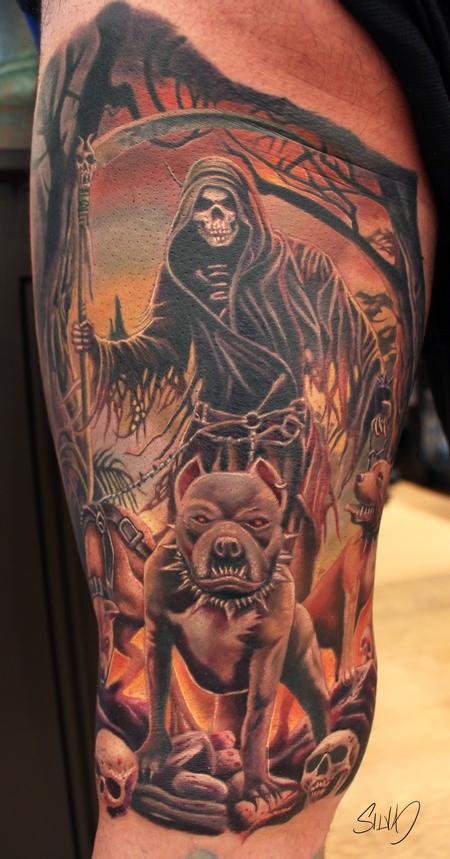 Tattoos - Pitbulls and Grim Reaper Tattoo - 115318