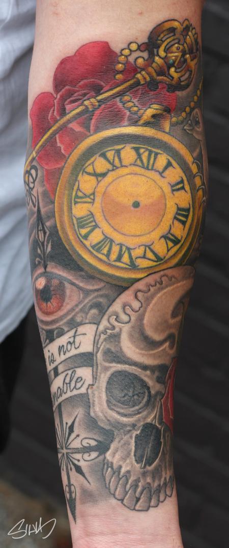 Tattoos - Custom Clock Skull Key Tattoo - 107878