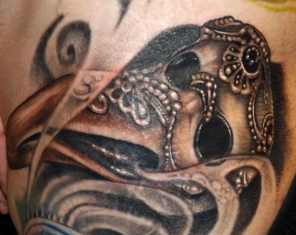 Black Plague Mask of Doom Tattoo by Marvin Silva Tattoos
