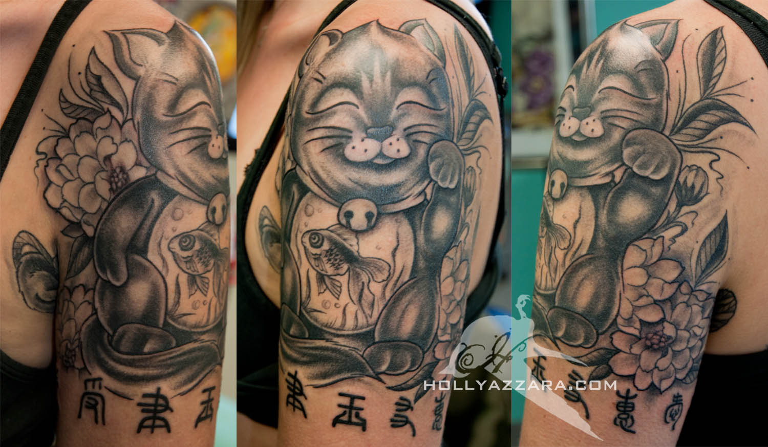 Lucky Cat with Gold Fish Black and Gray Complete by Holly Azzara : Tattoos